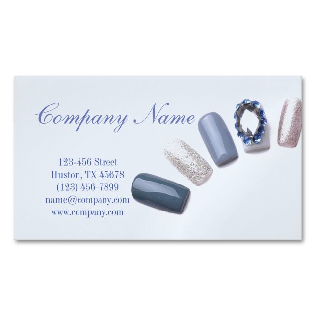 modern girly beauty salon blue nail artist magnetic business card (Front)