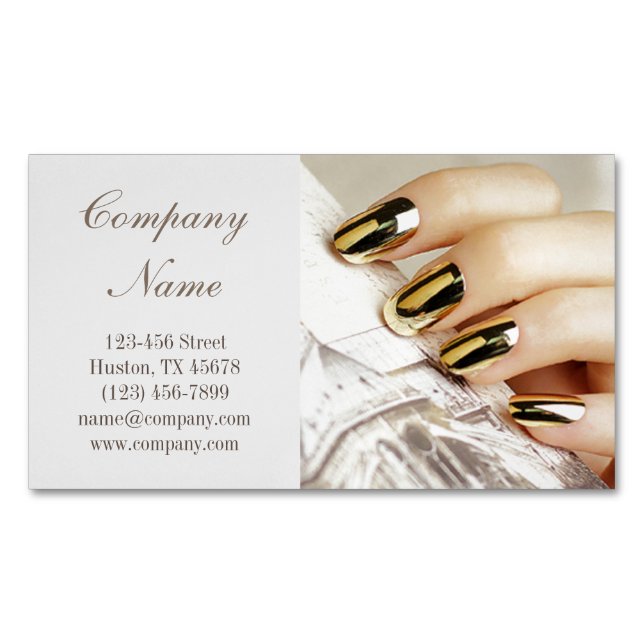 modern girly beauty salon metallic nail artist magnetic business card (Front)