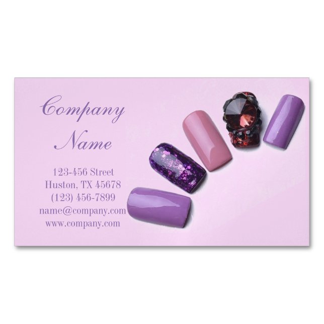 modern girly beauty salon purple nail artist magnetic business card (Front)