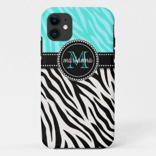 Modern Girly Black Aqua Zebra Print Personalised iPhone 11 Case