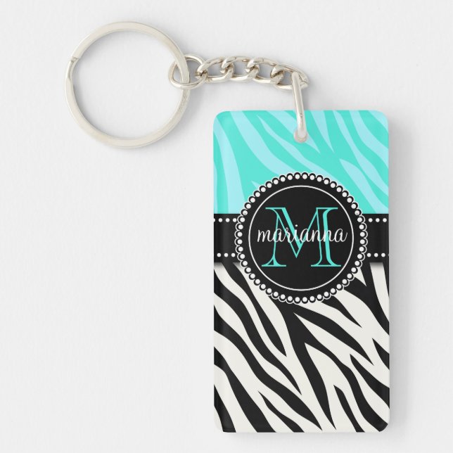 Modern Girly Black Aqua Zebra Print Personalised Key Ring (Front)