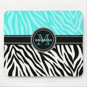 Modern Girly Black Aqua Zebra Print Personalised Mouse Pad