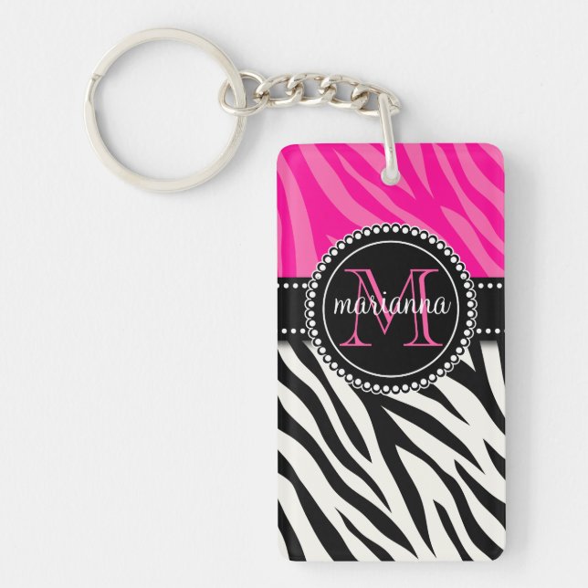 Modern Girly Black Pink Zebra Print Personalised Key Ring (Front)