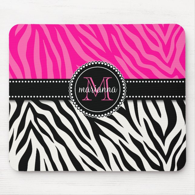 Modern Girly Black Pink Zebra Print Personalised Mouse Pad (Front)