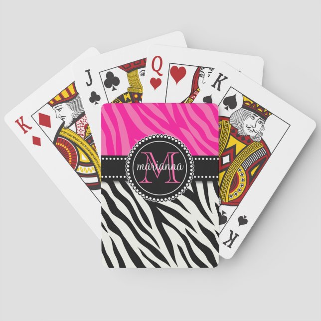 Modern Girly Black Pink Zebra Print Personalised Playing Cards (Back)