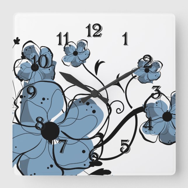 Modern Girly Blue and Black Flowers Square Wall Clock (Front)