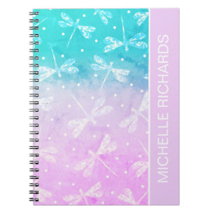 Modern girly blush pink aqua dragonflies name notebook