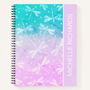 Modern girly blush pink aqua dragonflies name notebook