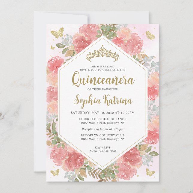 Modern Girly Blush Pink Floral Gold Quinceañera Invitation (Front)