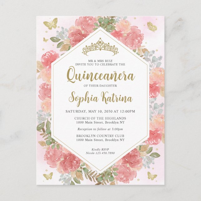 Modern Girly Blush Pink Floral Gold Quinceañera Postcard (Front)