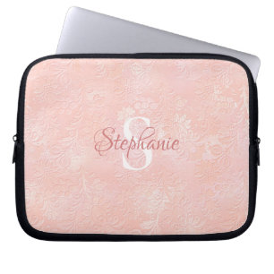 Modern Girly Blush Pink Floral Monogram Laptop Sleeve