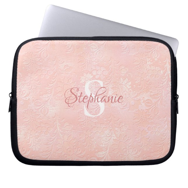 Modern Girly Blush Pink Floral Monogram Laptop Sleeve (Front)