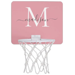 Modern Girly Blush Pink Gray Monogram Script Name Mini Basketball Hoop