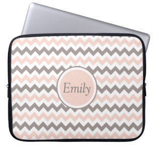 Modern Girly Blush Pink Grey Chevron With Name Laptop Sleeve