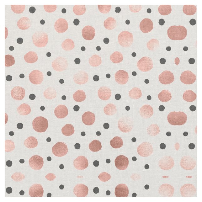 Modern Girly Blush Rose Gold Black Polka Dots Fabric (Close Up)