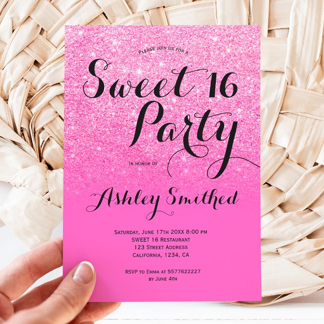 Modern girly bright pink glitter ombre Sweet 16 Invitation (Creator Uploaded)