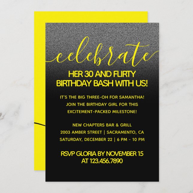 Modern Girly Bright Yellow 30 and Flirty Birthday Invitation (Front/Back)