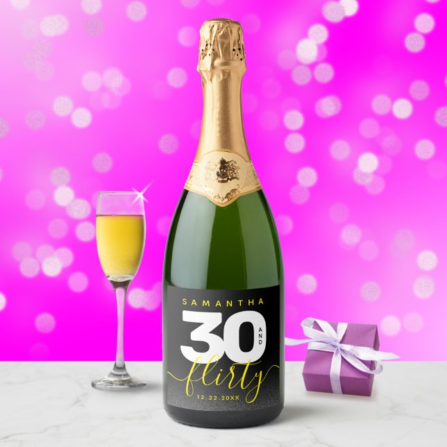 Modern Girly Bright Yellow 30 and Flirty Sparkling Wine Label (Creator Uploaded)