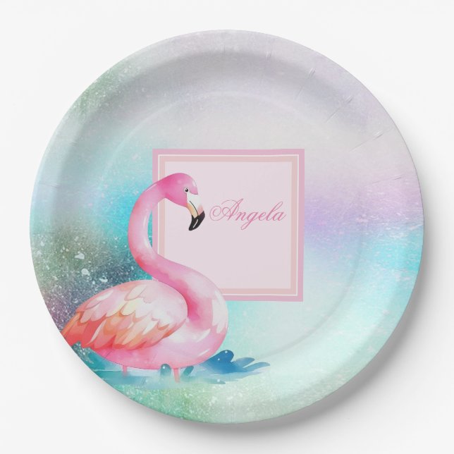 Modern Girly Colourful,Adorable Flamingos Paper Plate (Front)