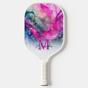 Modern Girly Colourful Marble Faux Glitter Monogra Pickleball Paddle