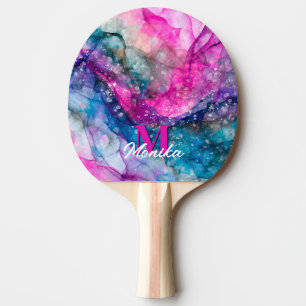 Modern Girly Colourful Marble Faux Glitter Monogra Ping Pong Paddle
