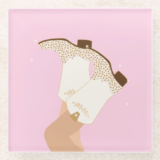 Modern Girly Cowgirl Boots Legs Stars Yeehaw Pink  Glass Coaster (Front)