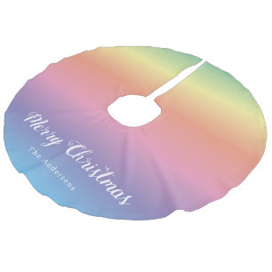 Modern Girly Cute Pastel Rainbow Ombre Family Faux Linen Tree Skirt