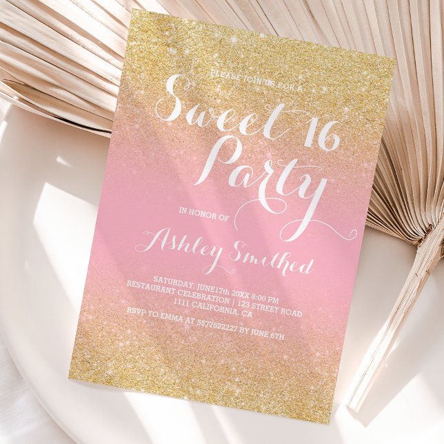 Modern girly faux gold glitter ombre pink Sweet 16 Invitation (Creator Uploaded)