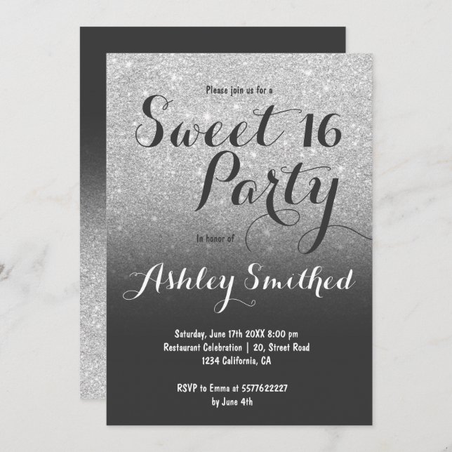 Modern girly faux silver glitter ombre Sweet 16 Invitation (Front/Back)