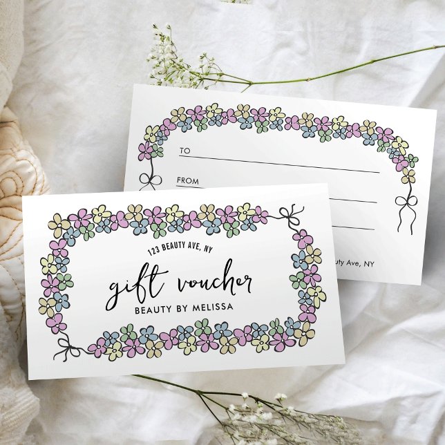 Modern Girly Floral Boutique Salon Gift Voucher (Elegant girly business gift certificate with hand drawn flower frame design and modern layout)