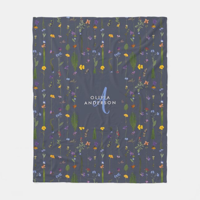 Modern girly floral colourful initial navy blue fleece blanket (Front)