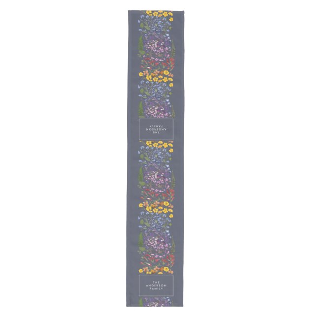 Modern girly floral colourful initial navy blue  medium table runner (Front)