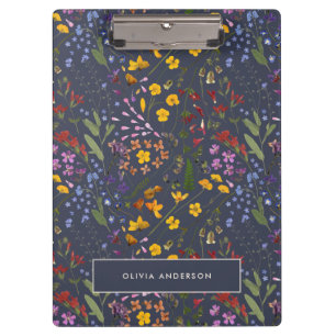 Modern girly floral colourful initial navy blue no clipboard