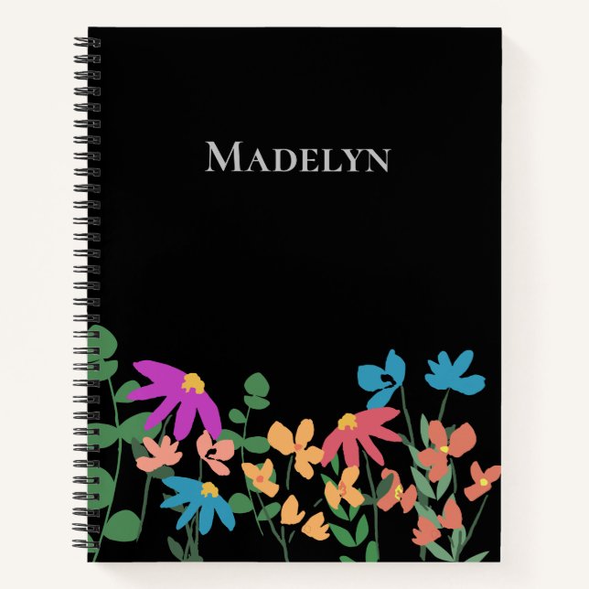Modern Girly Floral Colourful pattern black custom Notebook (Front)