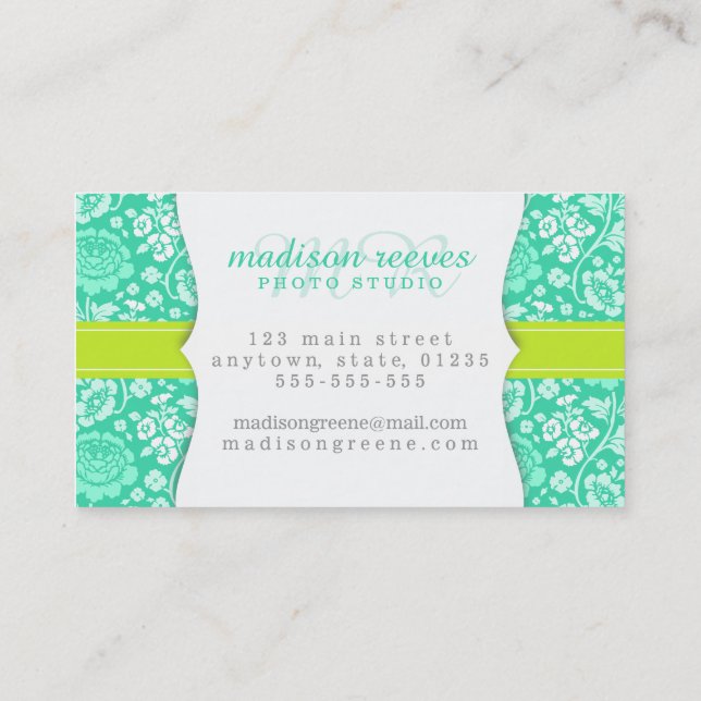 Modern Girly Floral Teal & Lime Green Personalised Business Card (Back)