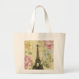 Modern Girly floral Vintage Paris Eiffel Tower Large Tote Bag