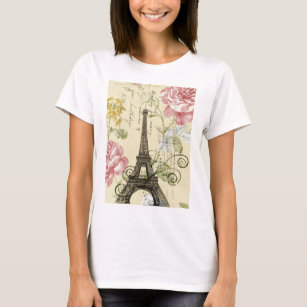 Modern Girly  floral Vintage Paris Eiffel Tower T-Shirt