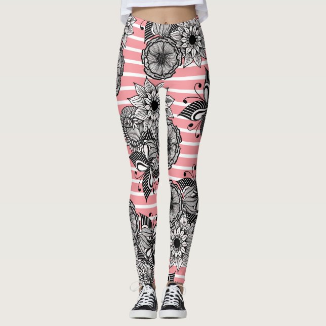 Modern Girly Flowers Leaves and White Pink Stripes Leggings (Front)