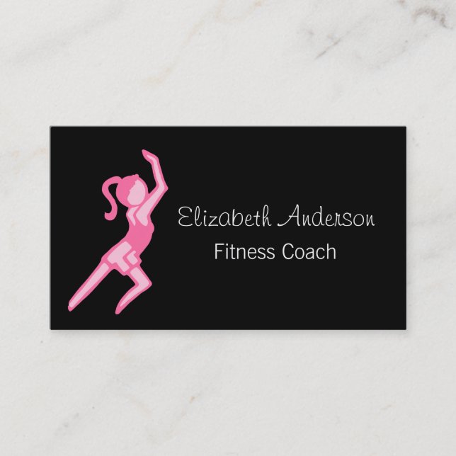 Modern Girly Girl Pink and Black Fitness Coach Business Card (Front)