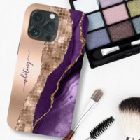 Modern Girly Glitter Rose Gold Dark Purple Geode