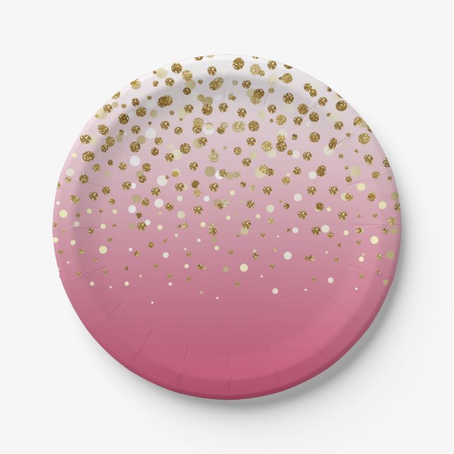 Modern Girly gold glitter confetti Pink Gradient Paper Plate (Front)
