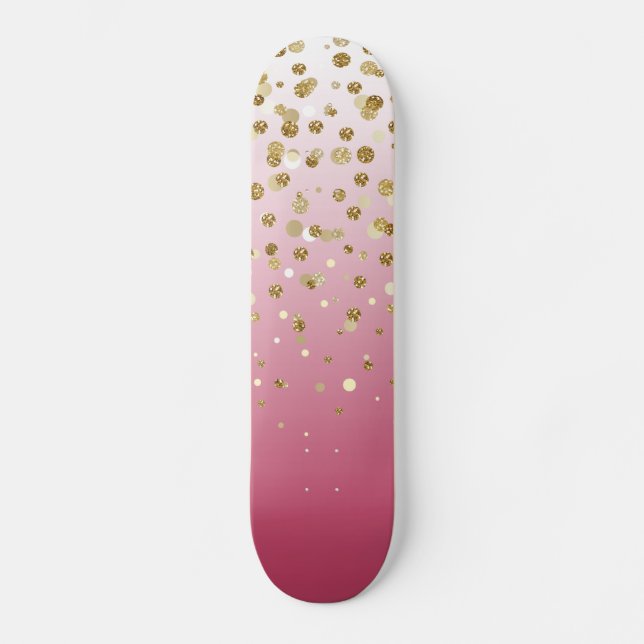 Modern Girly gold glitter confetti Pink Gradient Skateboard (Front)