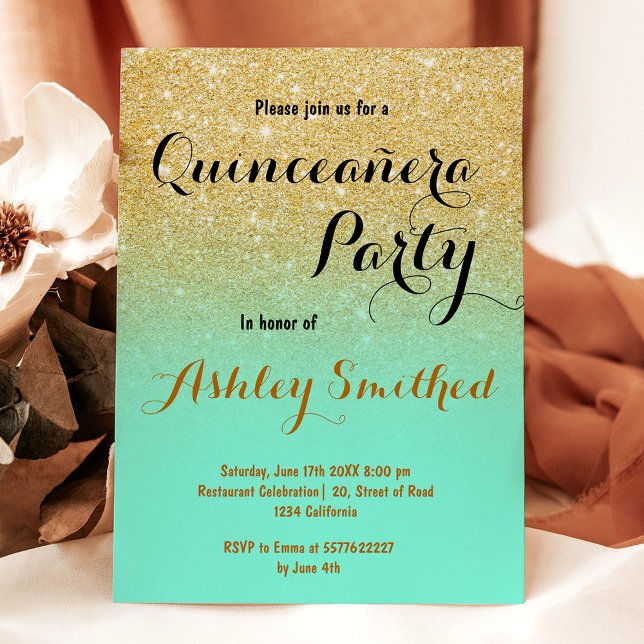 Modern girly gold glitter mint green Quinceañera Invitation (Modern girly gold glitter mint green Quinceañera Invitation)
