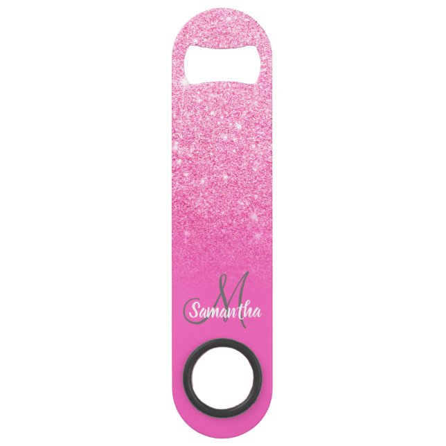 Modern girly monogram bright pink glitter ombre (Front)