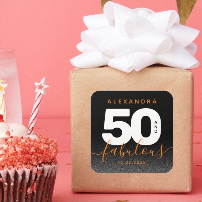 Modern Girly Orange 50 and Fabulous Square Sticker (Party)
