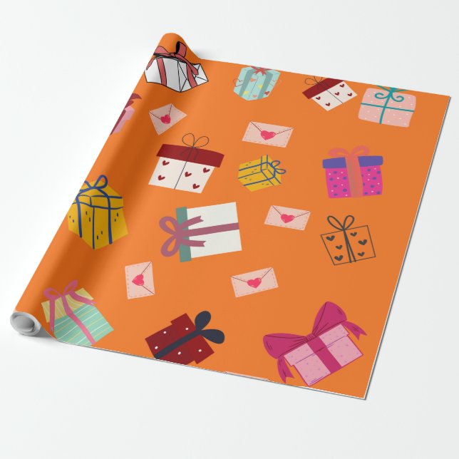 Modern girly orange birthday wrapping paper (Unrolled)
