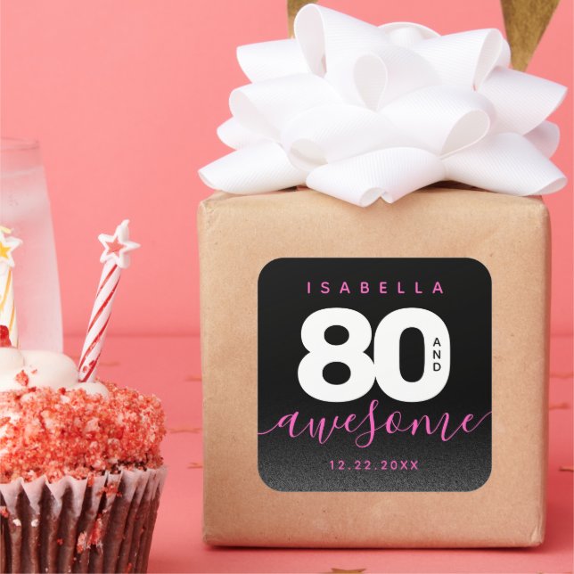 Modern Girly Pink 80 and Awesome Square Sticker (Party)