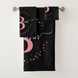 Modern Girly Pink Black Name Script Monogrammed Bath Towel Set