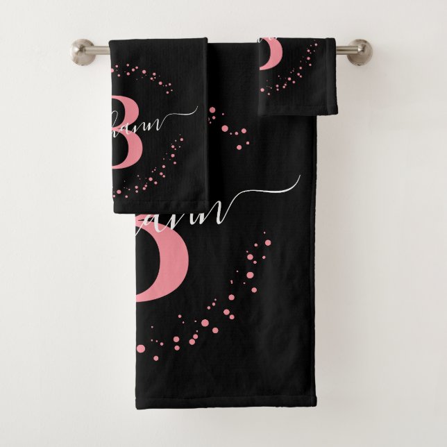 Modern Girly Pink Black Name Script Monogrammed  Bath Towel Set (Insitu)