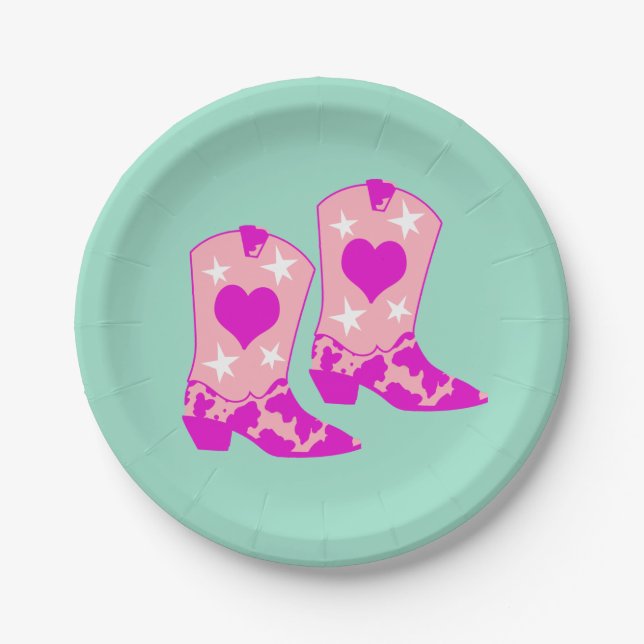 Modern Girly Pink Cowgirl Western Boots Mint  Paper Plate (Front)